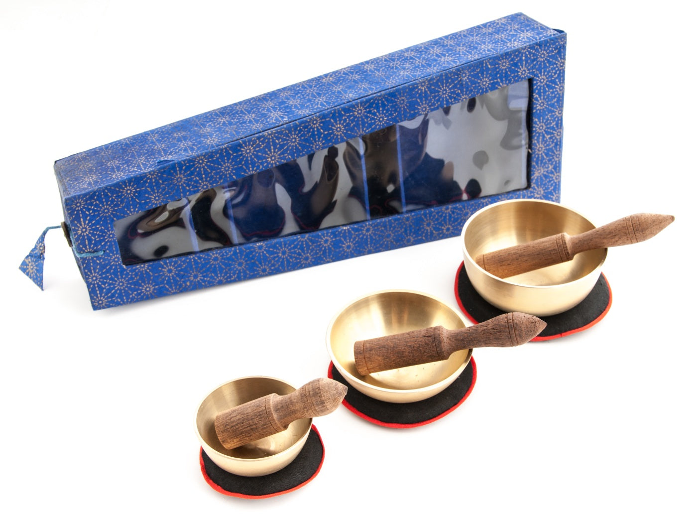 Singing Bowl Set of 3 bowls in blue box with bases and sticks